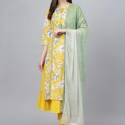 KALINI Floral Printed Layered Tie Up Neck Pure Cotton Kurta With Trousers & Dupatta-picture-29