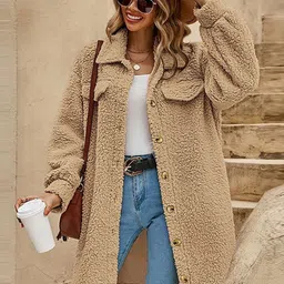 StyleCast Khaki Self Design Faux Fur Trim Single-Breasted Overcoat-picture-11