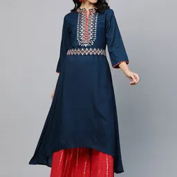 FASHOR Women Teal Ethnic Motifs Embroidered Regular Kurta with Skirt-image-14