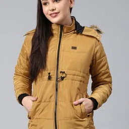 Campus Sutra Women Mustard Windcheater Outdoor Parka Jacket-picture-24