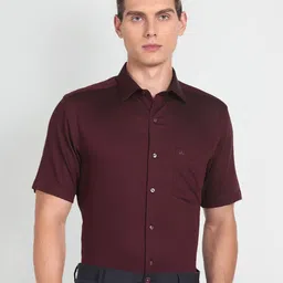 Arrow Self Design Spread Collar Short Sleeves Pure Cotton Formal Shirt-image-80