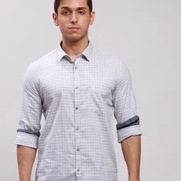 Parx Grid Tattersall Checks Spread Collar Long Sleeve Slim Fit Cotton Casual Shirt-image-68