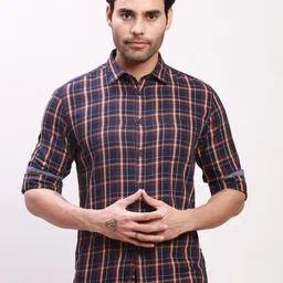 Parx Tartan Checked Spread Collar Long Sleeves Cotton Slim Fit Formal Shirt-image-97