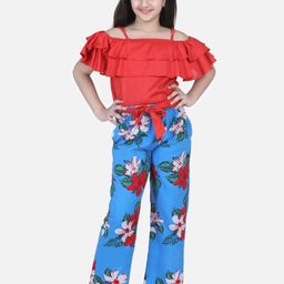 StyleStone Girls Red & Blue Floral Printed Off-Shoulder Top with Trousers-picture-34