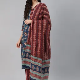 Silai Bunai Women Blue Regular Pure Cotton Kurta with Palazzos & With Dupatta-picture-14