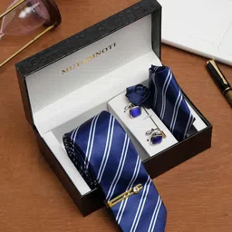 MUTAQINOTI Men Striped Dark Blue Silk Blend Necktie Accessory Gift Set-picture-23