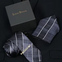 LOUIS STITCH Men Checked Silk Tie With Tie pin And Pocket Square image 1