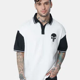 The Souled Store Men White & Black Colourblocked Polo Collar Oversize Oversized T-Shirt-picture-12