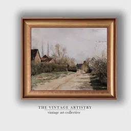 THE VINTAGE ARTISTRY Brown Vintage Narrow Landscape Farmhouse Canvas Painting With Frame-image-41