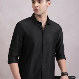 HIGHLANDER Self Design Textured Cutaway Collar Curved Casual Shirt-picture-26