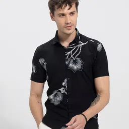 Snitch Black & White Classic Slim Fit Floral Printed Spread Collar Casual Shirt-picture-31