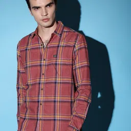 The Indian Garage Co Rust-Coloured Slim Fit Tartan Checked Cotton Casual Shirt image 1