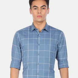 Arrow Men Blue Windowpane Checks Cotton Formal Shirt-picture-24