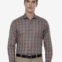 JADE BLUE Men Brown Slim Fit Tartan Checked Pure Cotton Formal Shirt-picture-20