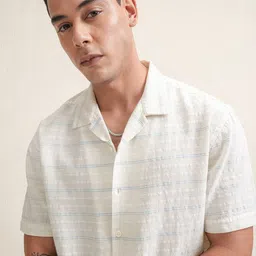 LOCOMOTIVE Premium Men Dobby Textured Striped Cuban Collar Relaxed Fit Casual Shirt-image-60