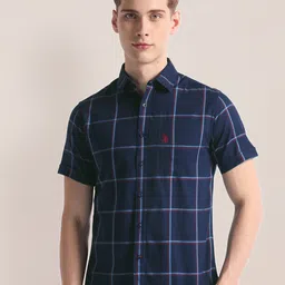 U.S. Polo Assn. Windowpane Checked Twill Spread Collar Short Sleeves Casual Shirt-picture-24