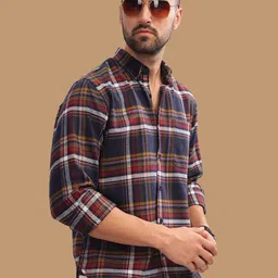 HERE&NOW Slim Fit Tartan Checks Opaque Button-Down Collar Casual Shirt-image-33