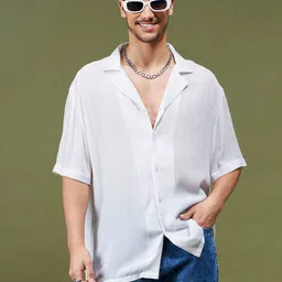 MASCLN SASSAFRAS White Relaxed Cuban Collar Semi Sheer Casual Shirt-image-30