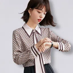 JC Collection Brown & White Geometric Print Peter Pan Collar Top-picture-14
