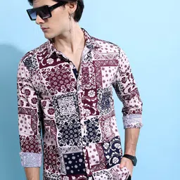 HIGHLANDER Men Pink Slim Fit Ethinic Opaque Printed Cotton Casual Shirt-picture-21