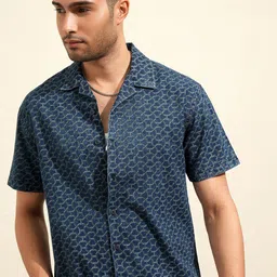 Locomotive Premium Blue Indigo Washed Printed Cuban Collar Relaxed  Shirt-picture-41