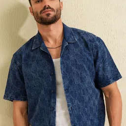 LOCOMOTIVE Blue Indigo Washed Printed Cuban Collar Cotton Relaxed Fit Shirt-picture-10