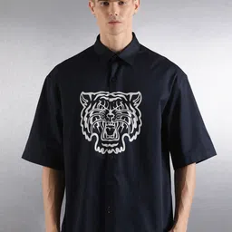 Breakbounce Navy Blue Graphic Printed Drop-Shoulder Sleeves Cotton Oversized Casual Shirt-picture-20