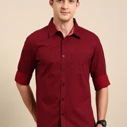 Joven Slim Fit Geometric Printed Spread Collar Chest Pocket Cotton Casual Shirt-picture-13