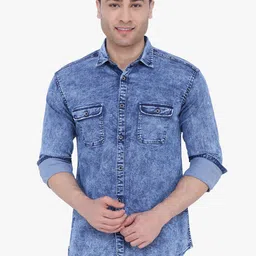 Kuons Avenue Men Blue Smart Slim Fit Faded Denim Casual Shirt-picture-23