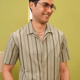 LOCOMOTIVE Premium Khaki Melange Striped Cuban Collar Relaxed Shirt-picture-27