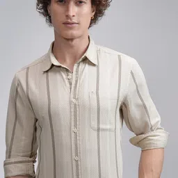 HIGHLANDER Men Spread Collar Vertical Striped Cotton Slim Fit Casual Shirt-picture-36