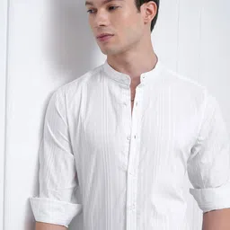 HIGHLANDER Men Band Collar Textured Cotton Slim Fit Casual Shirt-picture-31