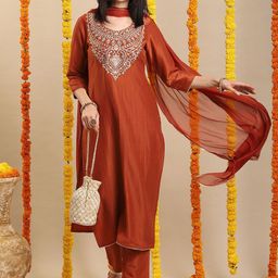 GoSriKi Ethnic Motifs Embroidered Straight Kurta With Trouser & Dupatta-picture-13