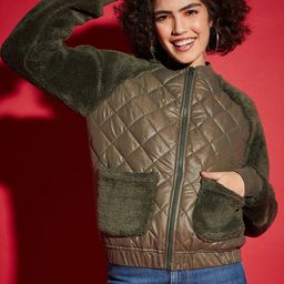 SASSAFRAS Olive Green Mock Collar Faux Fur Trim Detailed Quilted Jacket-picture-10