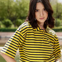 STREET 9 Yellow Striped Polo Collar Pure Cotton T-shirt-image-24