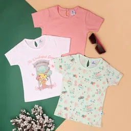 V-Mart Kids Pack of 3 Round Neck Short Sleeves Floral Printed Cotton T-shirt-picture-30