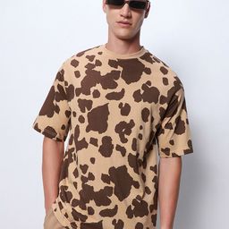 Bewakoof Brown Abstract Printed Round Neck Pure Cotton Oversized T-shirt-picture-21