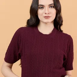 CLAPTON Women Self Design Striped Round Neck Knitted T-shirt-picture-26