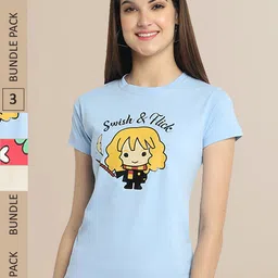 Fabflee Women Blue & Cream Pack of 3 Graphic Printed Cotton T-shirt-picture-18