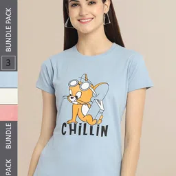 Fabflee Women Blue & Peach Pack of 3 Printed Cotton T-shirt-image-49