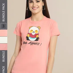 Fabflee Women Peach-Coloured & Off White Pack of 3 Printed T-shirt-image-28