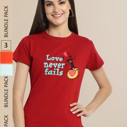 Fabflee Maroon & Turquoise Blue Pack Of 3 Typography Printed Cotton T-shirts-picture-42