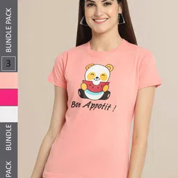 Fabflee Women Peach-Coloured & Pink Pack of 3 Printed T-shirt-image-30