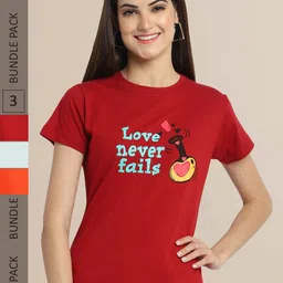 Fabflee Women Pack of 3 Cotton Printed Typography T-shirt-image-71