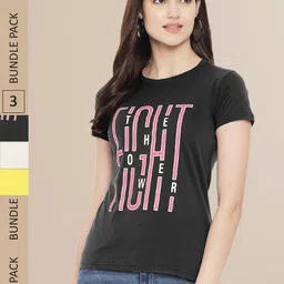 Fabflee Women Yellow & Cream Pack of 3 Graphic Printed Cotton T-shirt-image-88