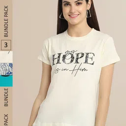 Fabflee Women Yellow & Blue Pack of 3 Graphic Printed Cotton T-shirt-picture-38