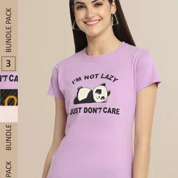 Fabflee Women Mustard Yellow & Lavender Pack of 3 Graphic Printed Cotton T-shirt-picture-29