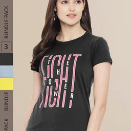 Fabflee Women Black & Yellow Pack of 3 Typography Printed Cotton T-shirts-picture-40