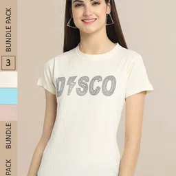 Fabflee Women Pack Of 3 Typography Printed Cotton T-shirt-image-91