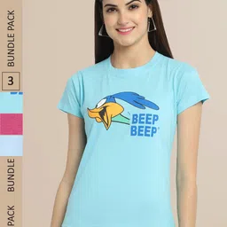 Fabflee Women Blue & Pink Pack of 3 Graphic Printed Cotton T-shirt-image-93